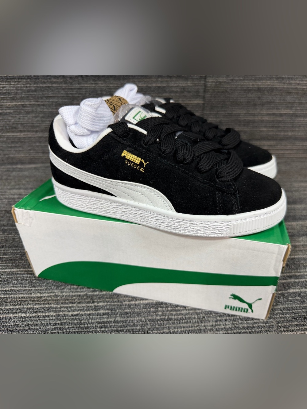 Puma Suede XL PS Sneakers Black & White with Gold Accent Kids 3c New